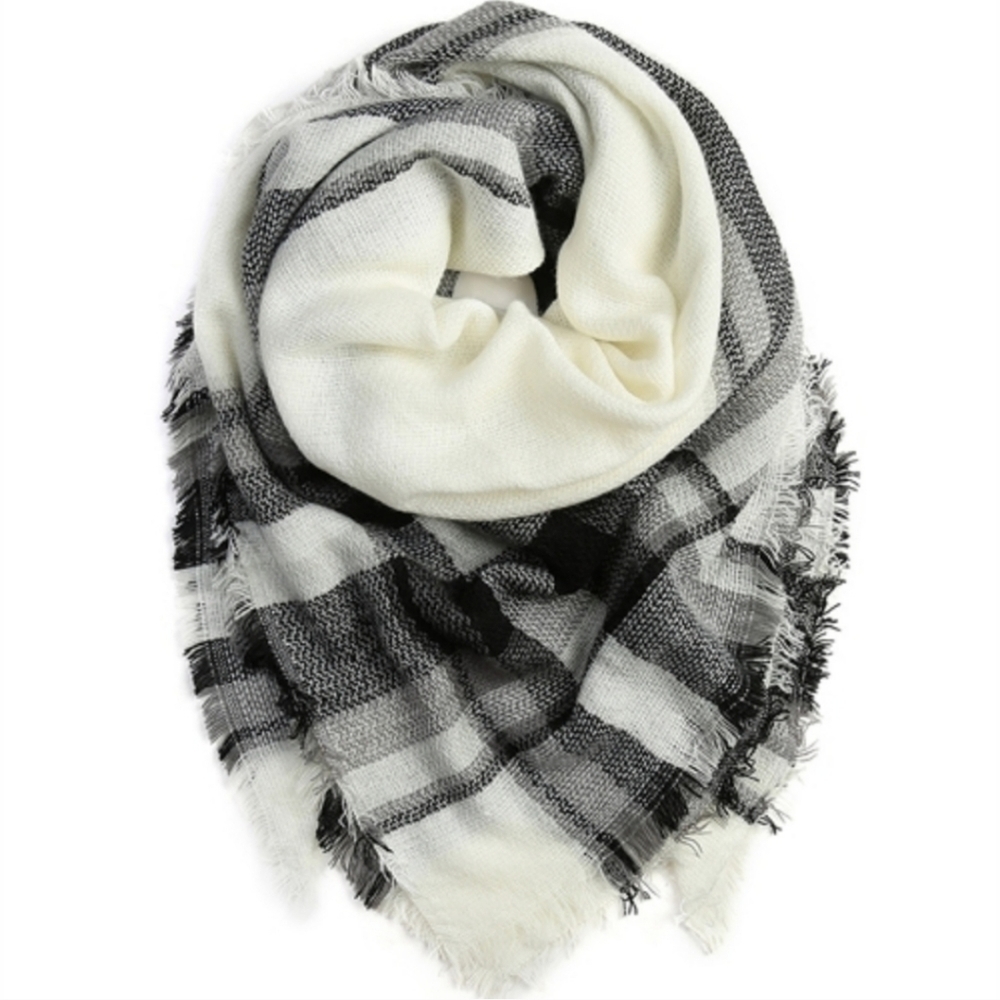 Oversized Plaid Blanket Scarf NWT | Tartan Wrap Shawl | Neutral Cozy Winter Gift - Picture 3 of 5